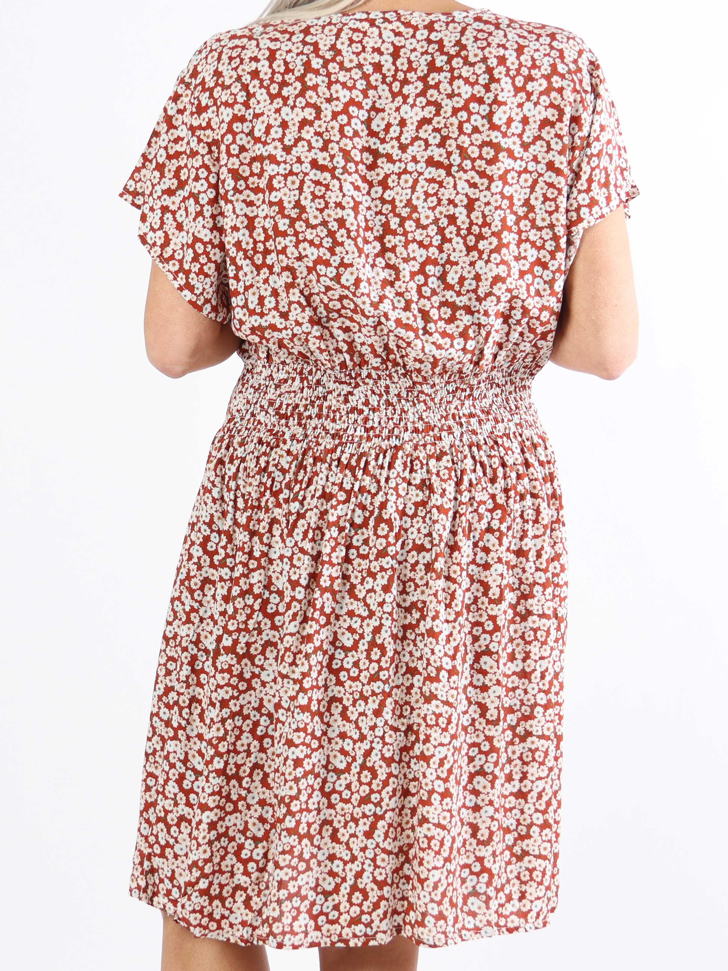 Clementine - Småblomstret plus size kjole med elastik i taljen